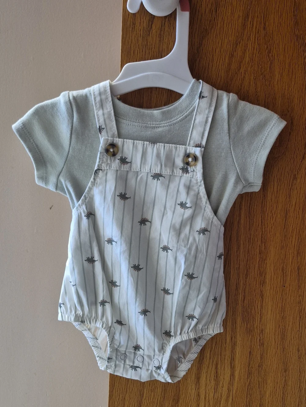 Carter's Light Gray & White Dino Striped Shortall Romper